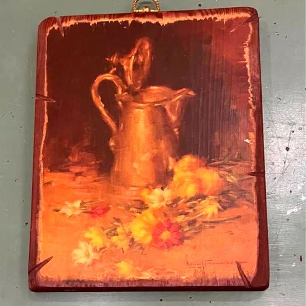 Vintage Cottage Core Still Life Metal/Copper Pitcher Flowers Wood Plaque
